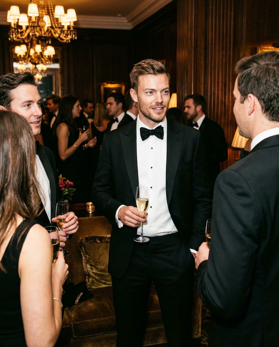 Man in a tuxedo holding a glass of champagne at a formal event