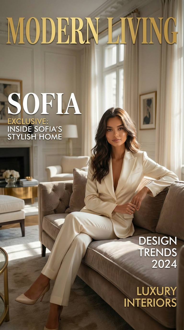 Woman sitting on a couch in a stylish living room with 'Modern Living' magazine cover text.