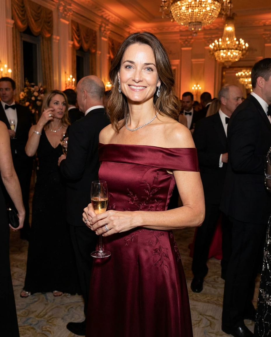 Woman in a burgundy evening gown holding a glass of champagne in a formal event setting.
