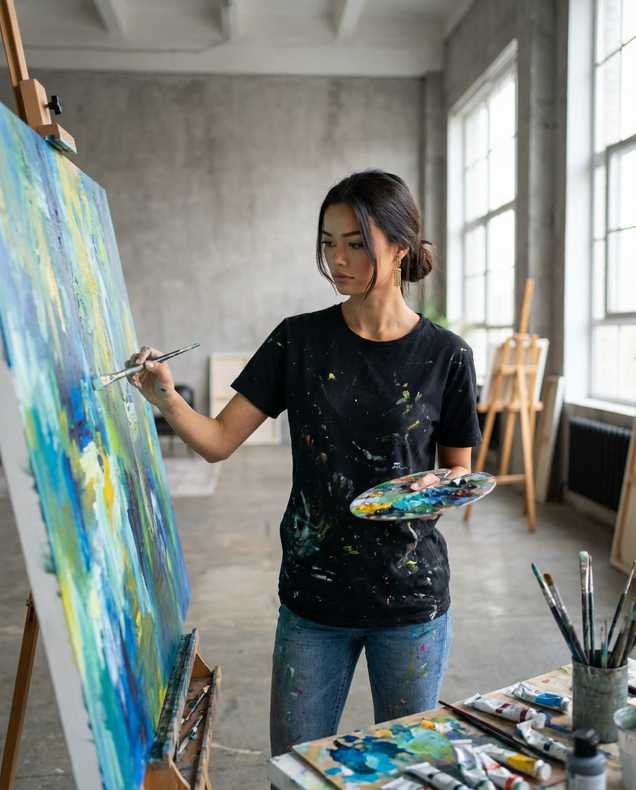 Artist painting on an easel in a studio with large windows.