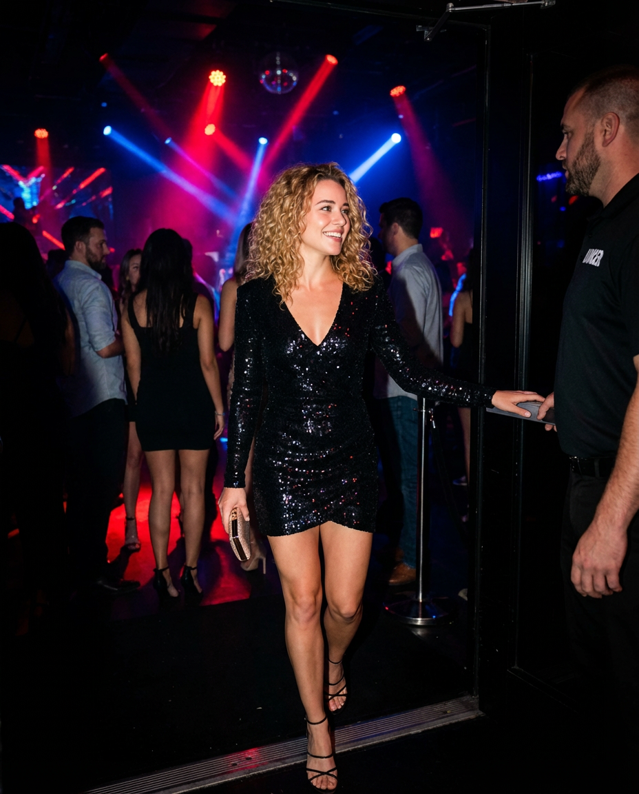 Woman in a black sequin dress walking through a nightclub with colorful lights.