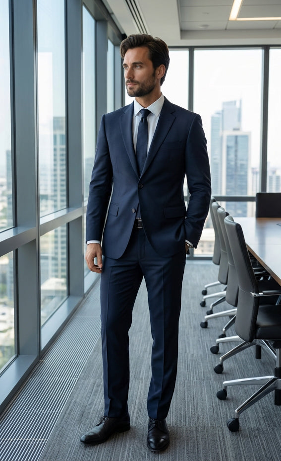 Man in a navy suit standing in a modern office with large windows.