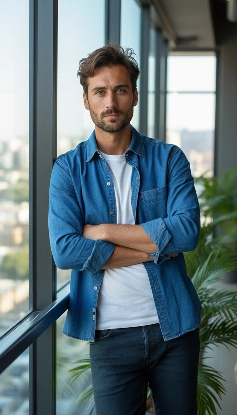 Man wearing a blue shirt and white t-shirt standing in front of large windows with a cityscape view.