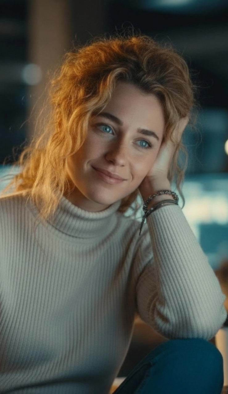 Woman with blonde hair wearing a light sweater sitting indoors.