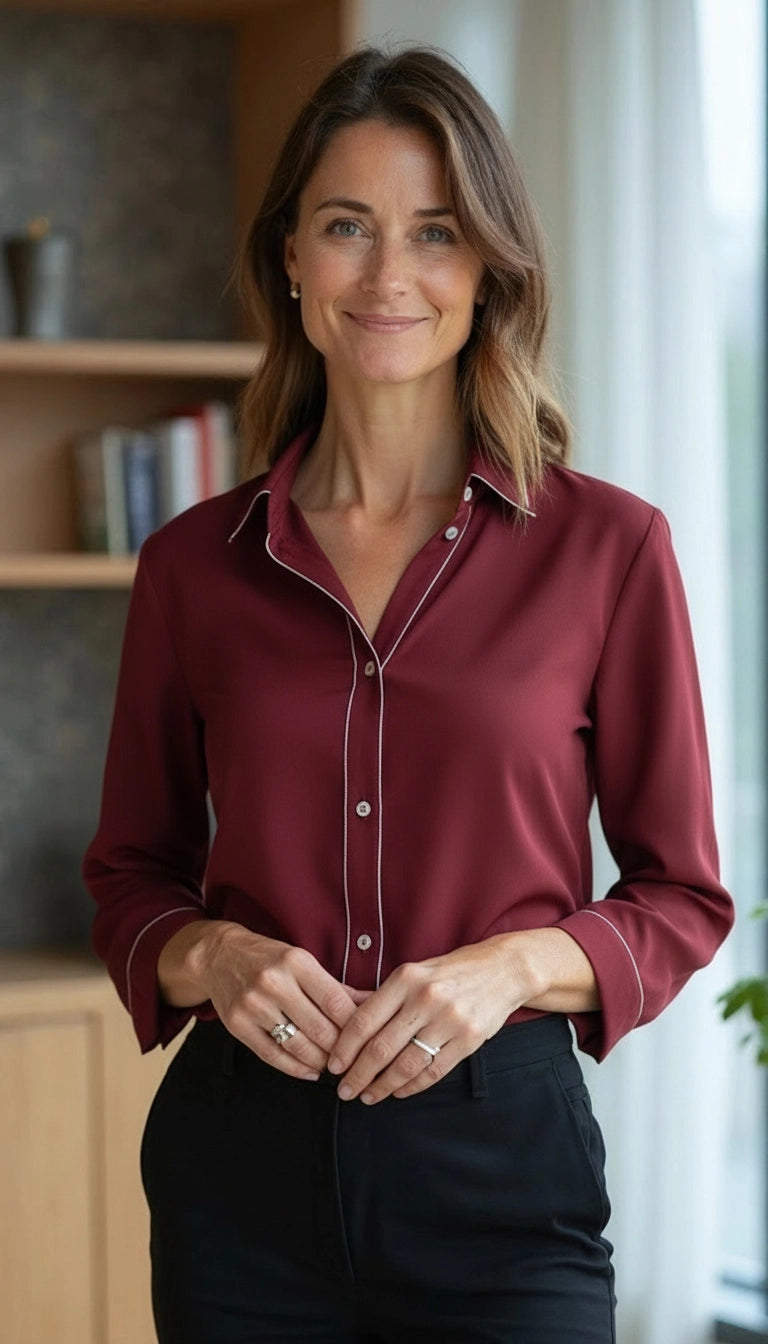 Woman wearing a burgundy shirt with a blurred background