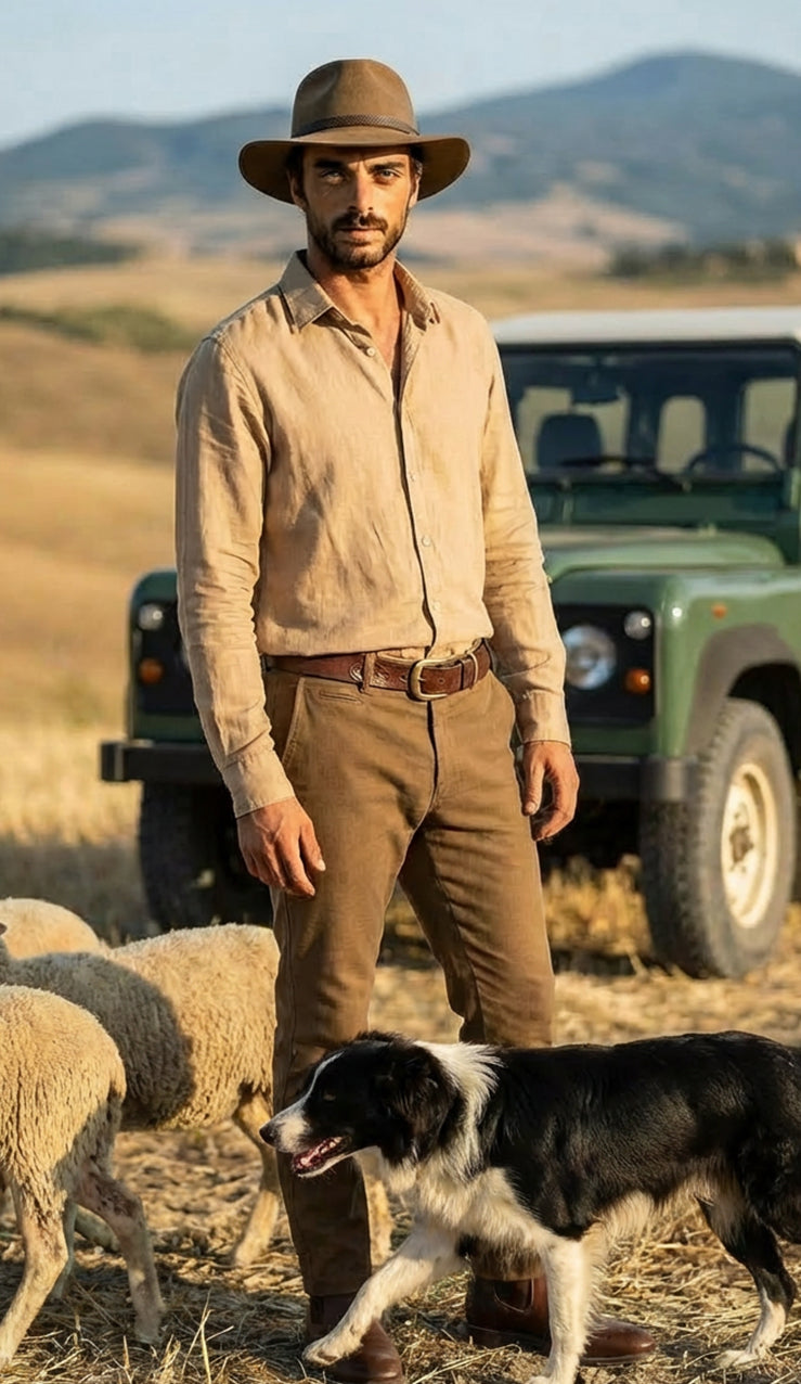 Man in a beige shirt and brown hat standing with a dog and sheep in a field with a green jeep in the background.