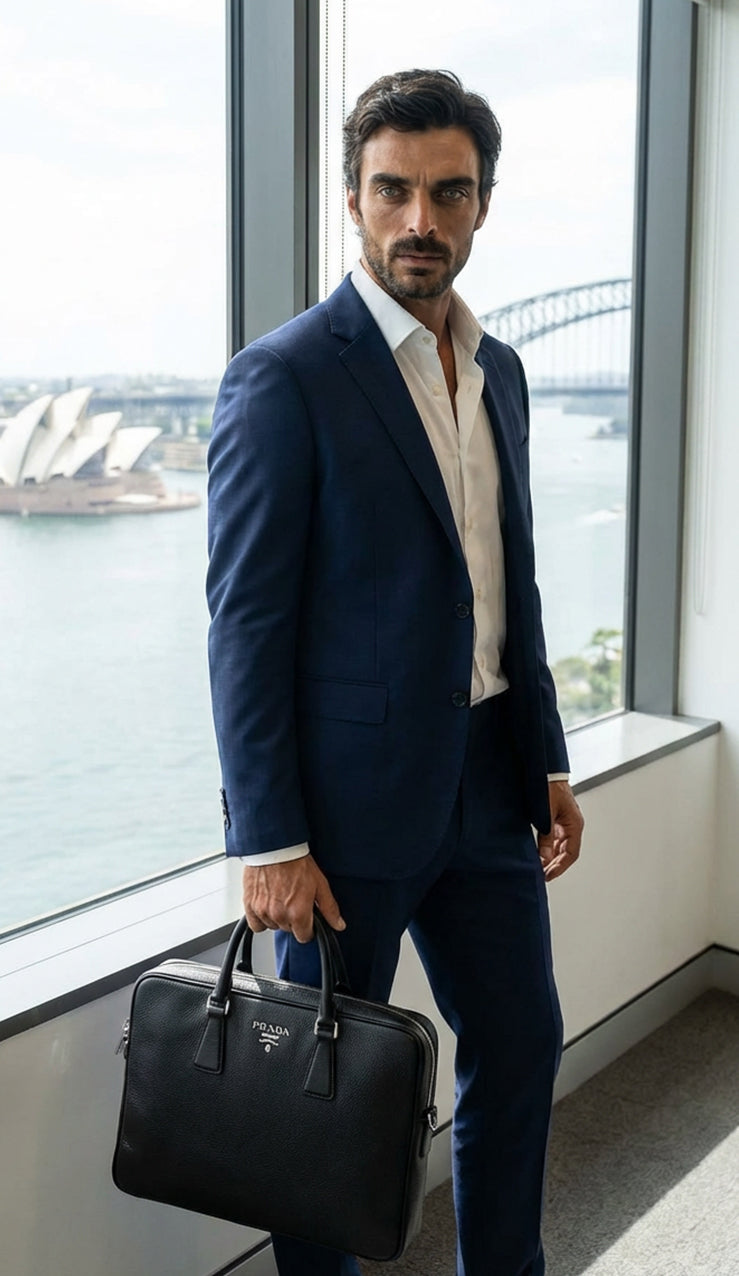Man in a navy suit holding a black briefcase with a cityscape in the background