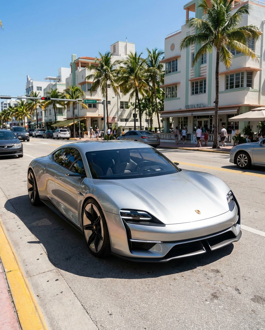 Silver Porsche car on a city street with palm trees and buildings in the background