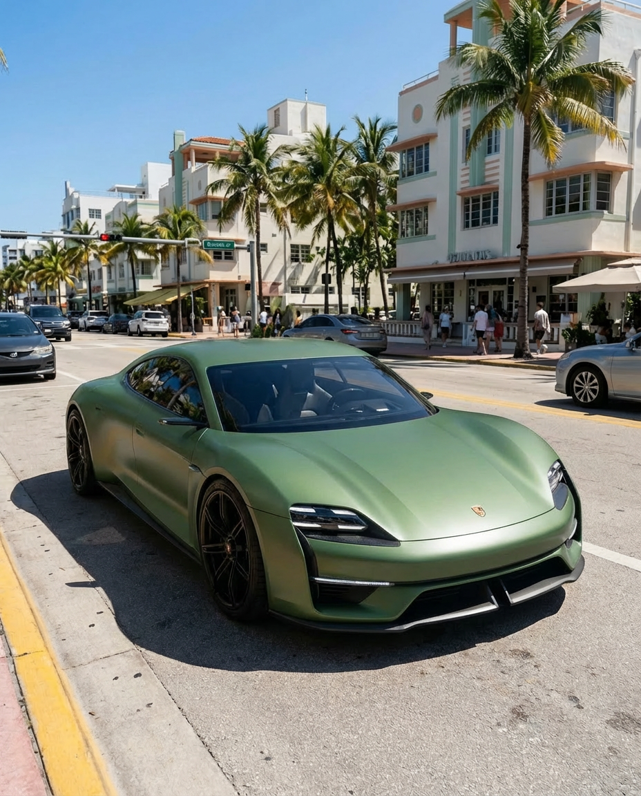 Green Porsche car on a city street with palm trees and buildings in the background