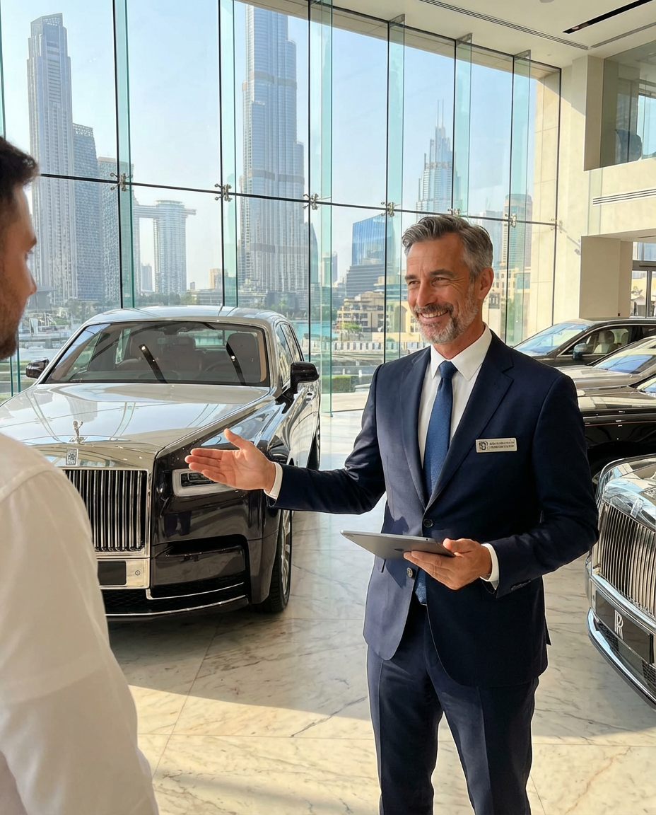 Man in a suit interacting with another person in a car dealership with city skyline in the background