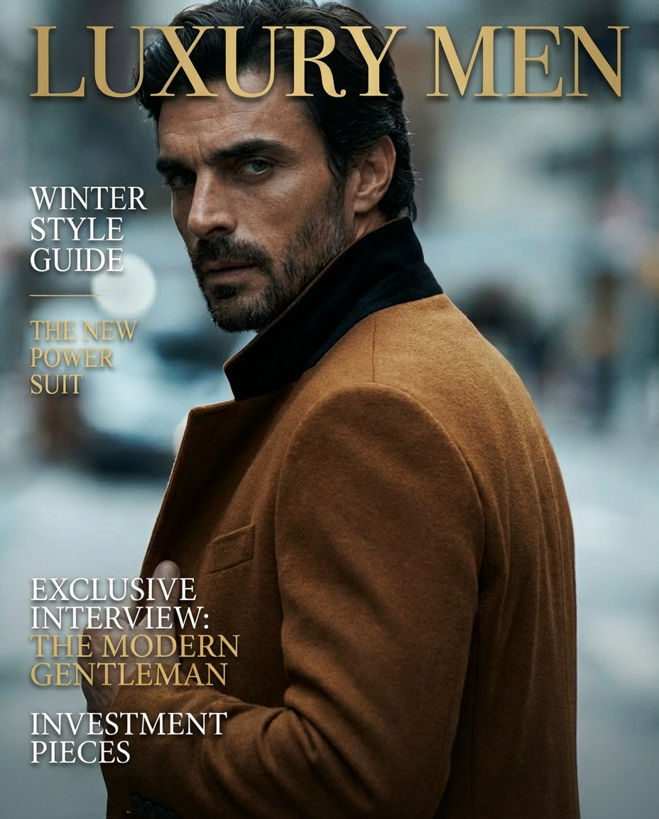 Man wearing a brown suit on a magazine cover with text about luxury men and winter style guide.