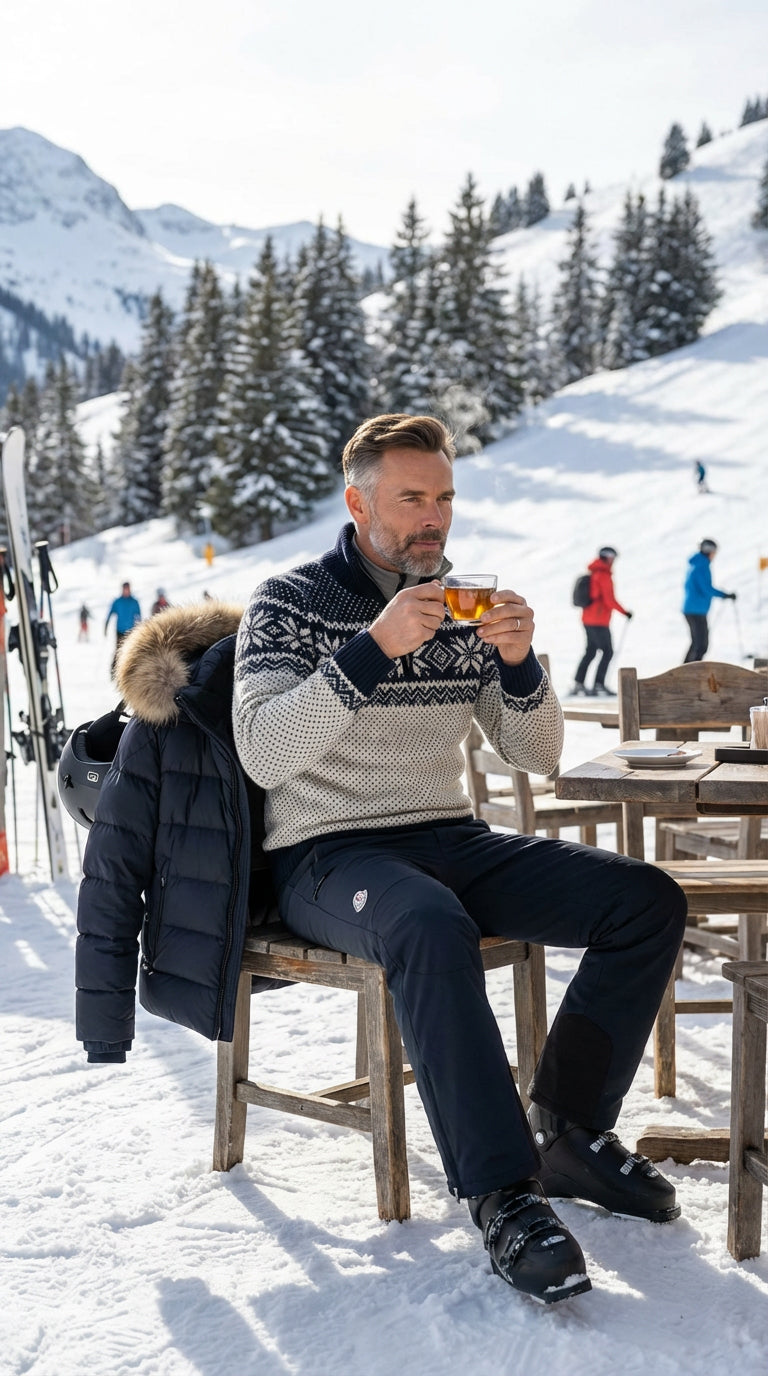 Man in a snowy mountain setting drinking from a cup