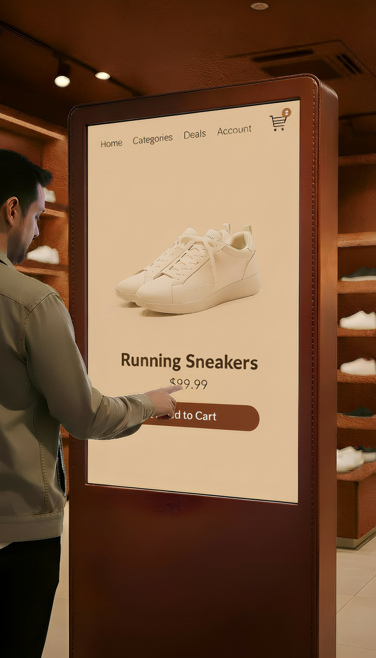 Man interacting with a digital display showing running sneakers in a store.