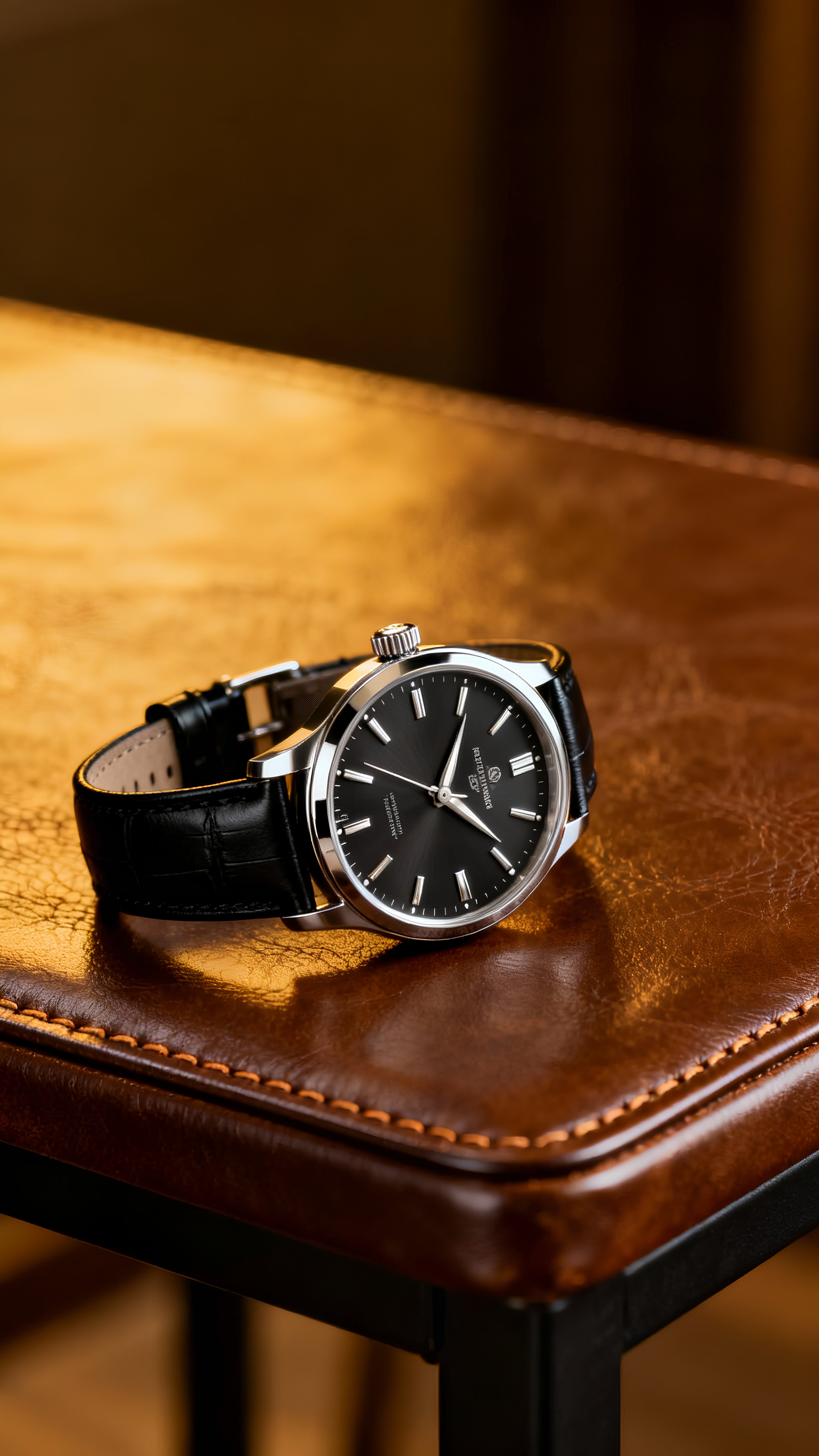 Black wristwatch on a wooden surface