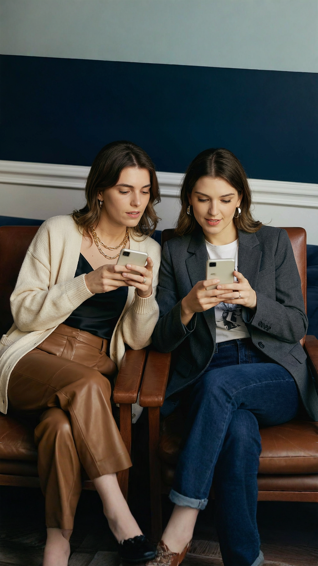 Two women sitting on a couch, looking at their phones.