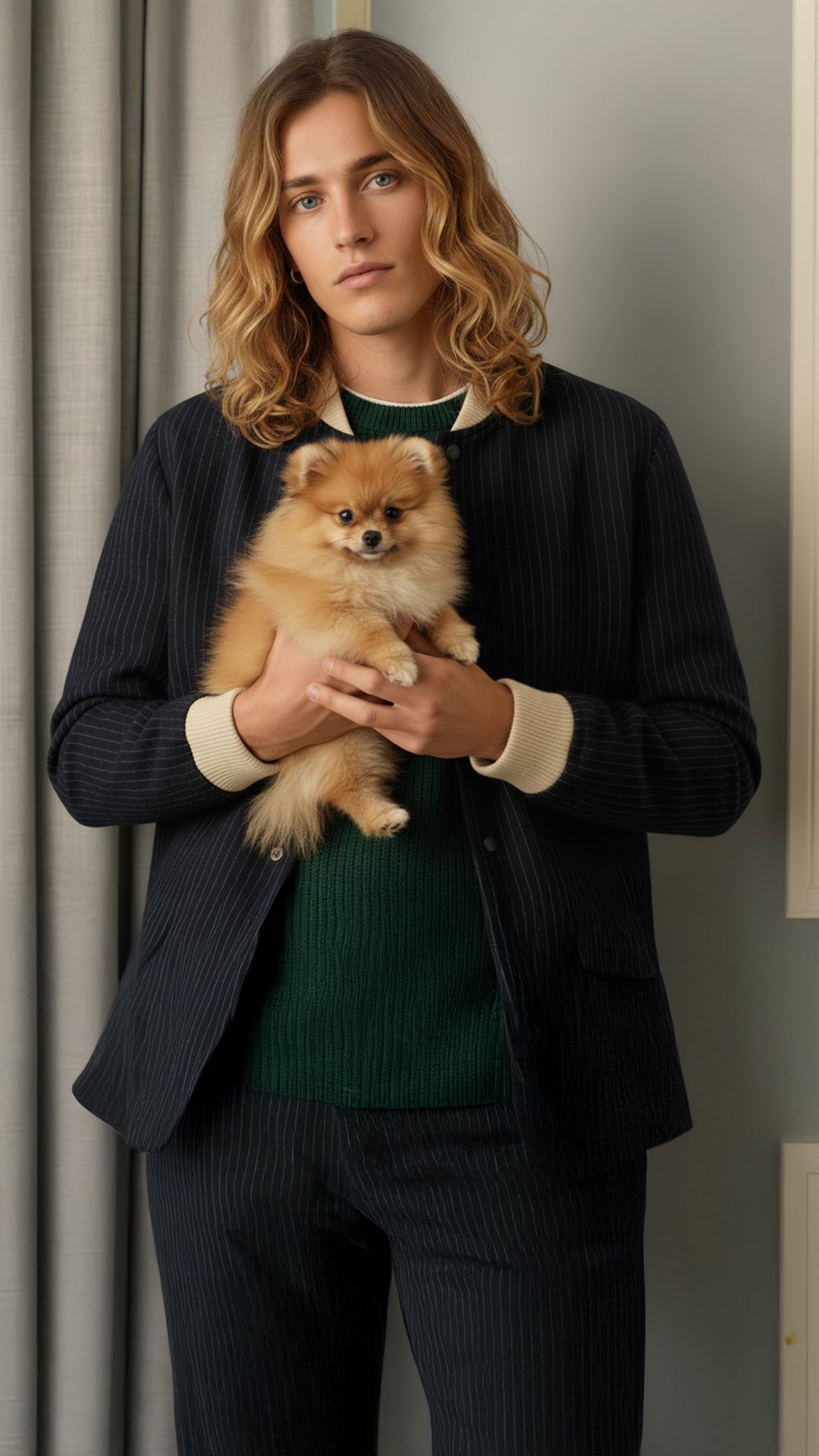 Person holding a small dog in a room with neutral decor