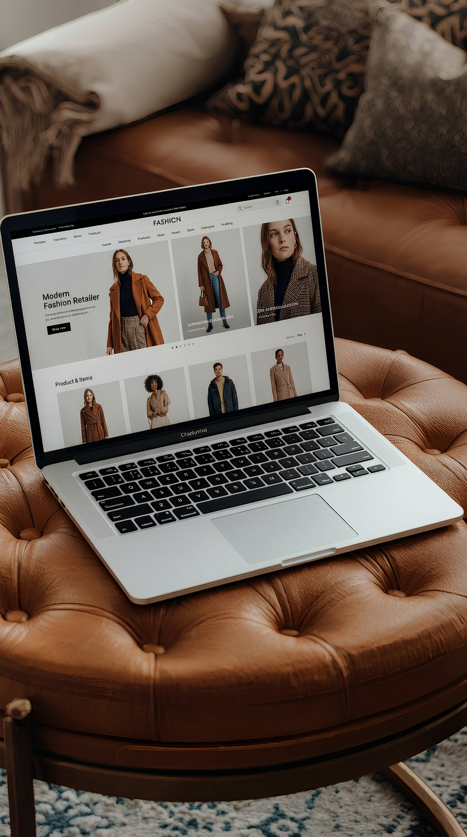 Laptop on a brown leather chair displaying a fashion website.
